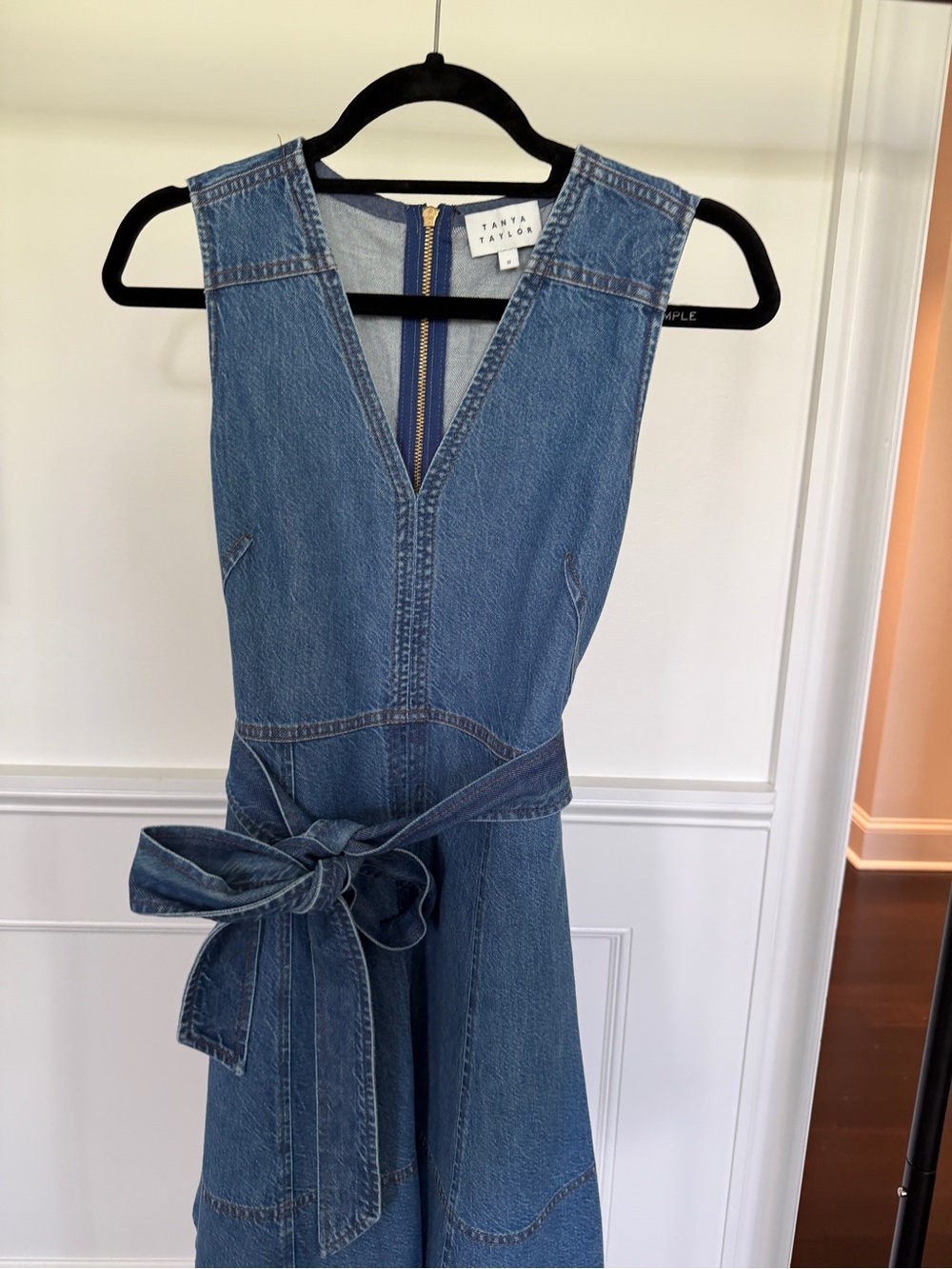 Tanya Taylor Denim V-Neck Sleeveless Midi Dress with Self-Tie Waist